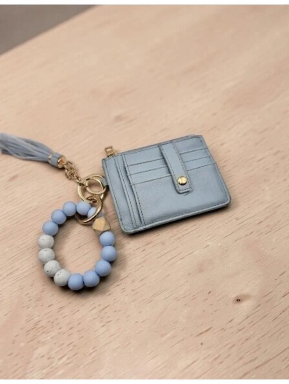 Blue Card Holder Wallet Keychain Tassel Beaded Wristlet ID Zip Pouch